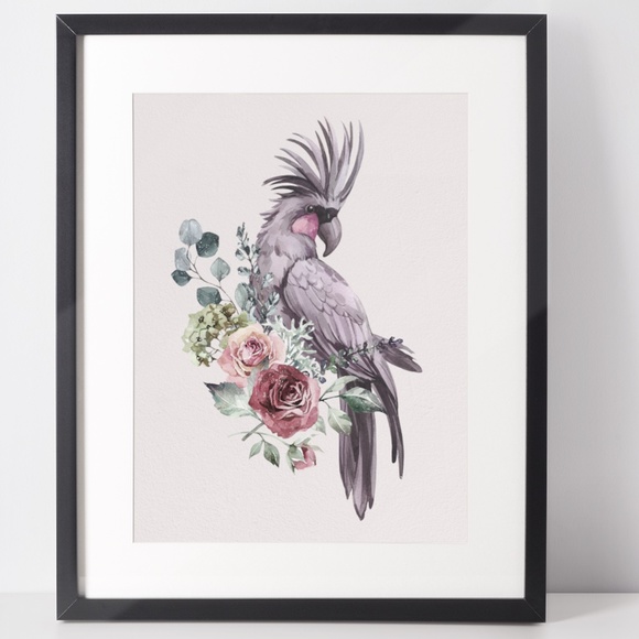 Floral Black Cockatoo Watercolor Illustration Wall Art Print Poster Unframed - Picture 2 of 10